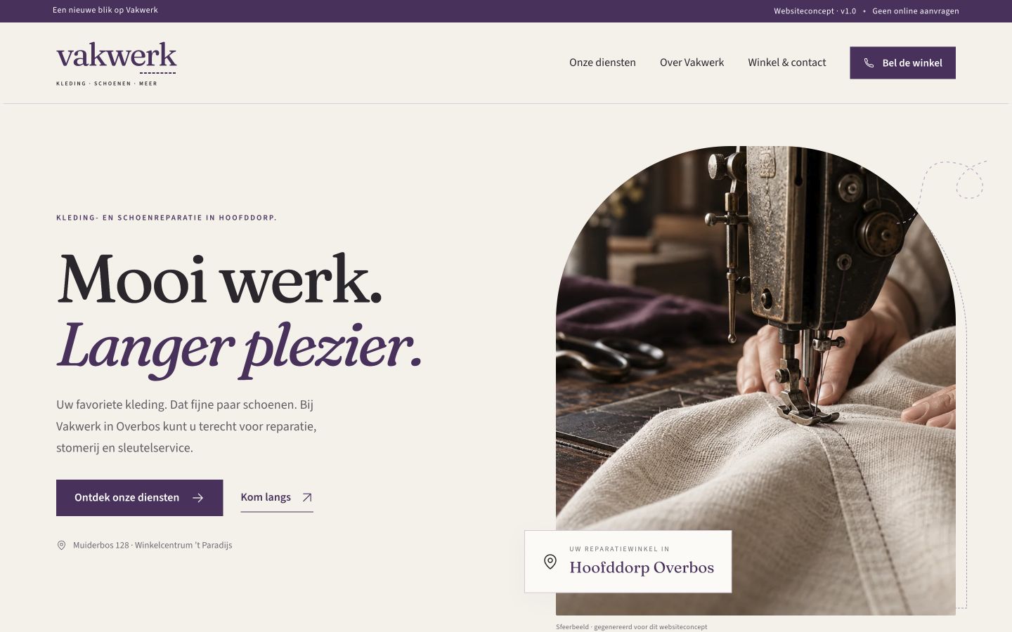 Desktopweergave van het websiteconcept voor Vakwerk, met crèmekleurige basis en paarse typografie