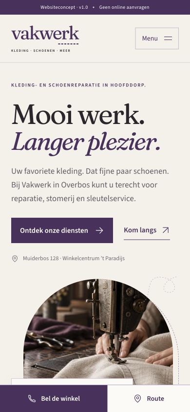 Mobiele weergave van Vakwerk met de acties Bel de winkel en Route onderin